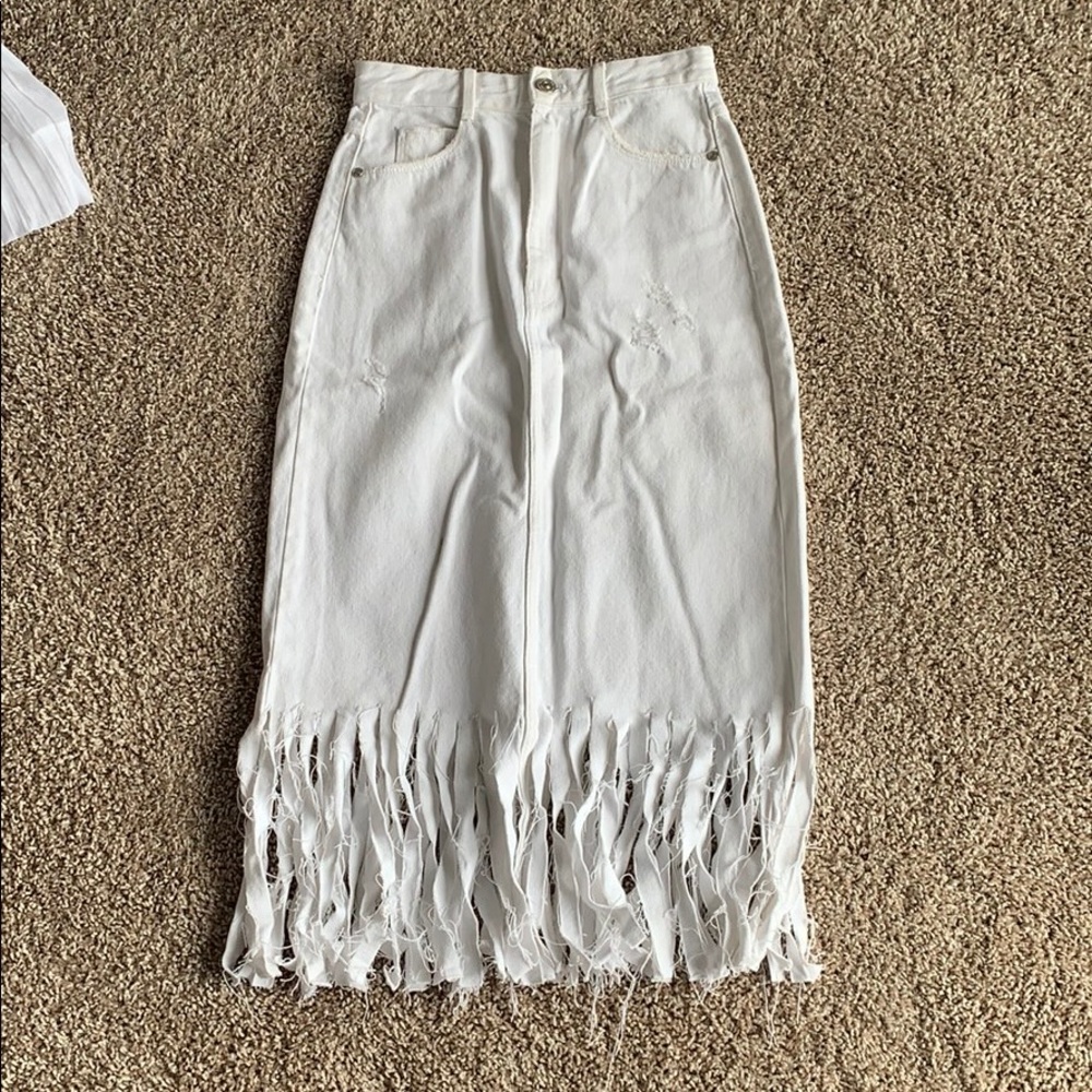 Zara Fringe White Denim Skirt